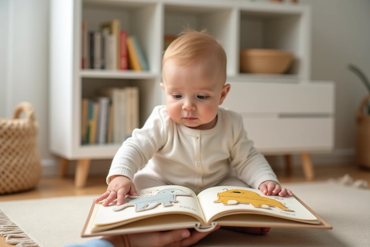 Bébé de 8 mois explorant les textures d'un livre cartonné illustré avec des aplats de tissu et de velours
