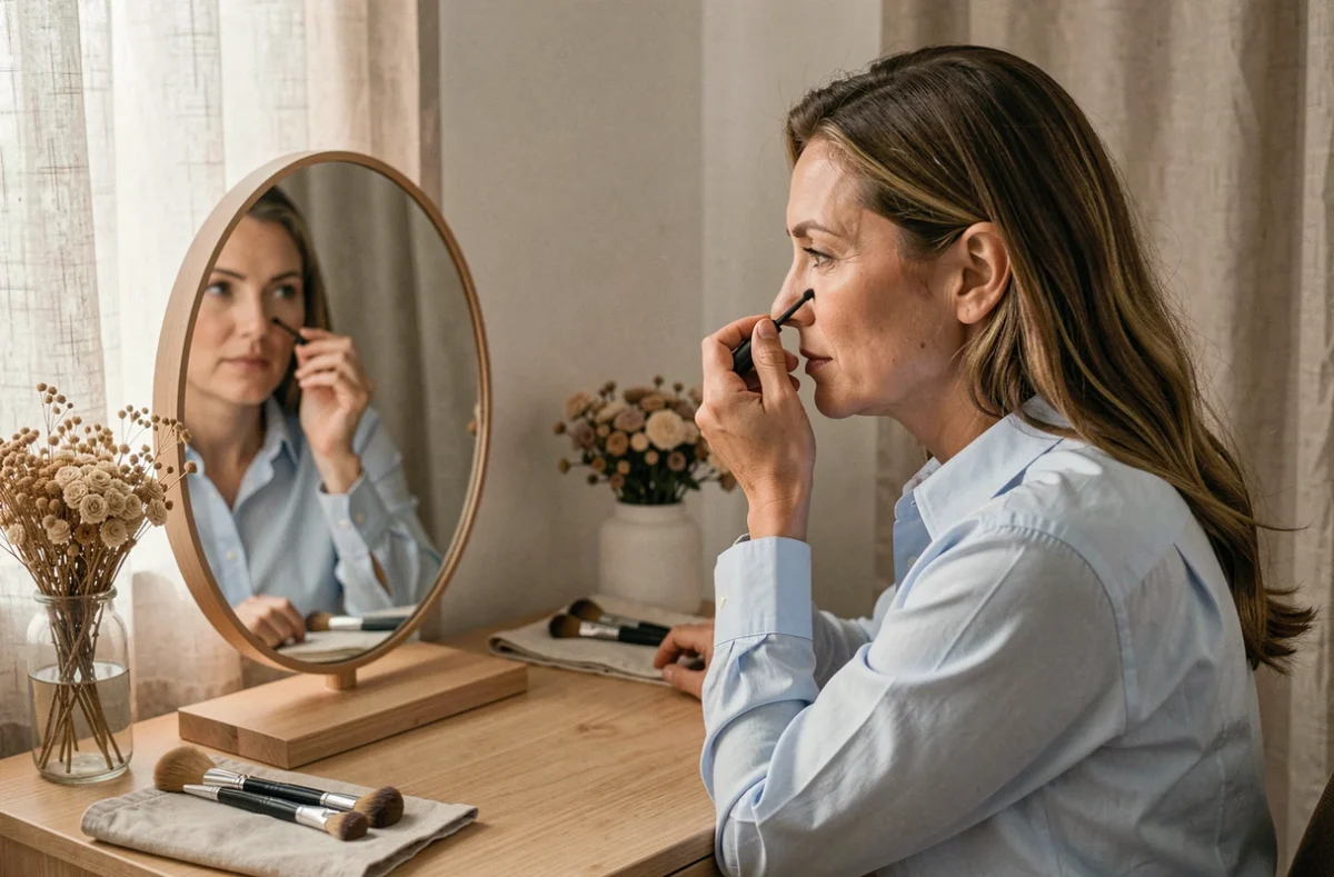 Femme mature se maquillant devant un miroir de coiffeuse en bois, conseil maquillage naturel au quotidien