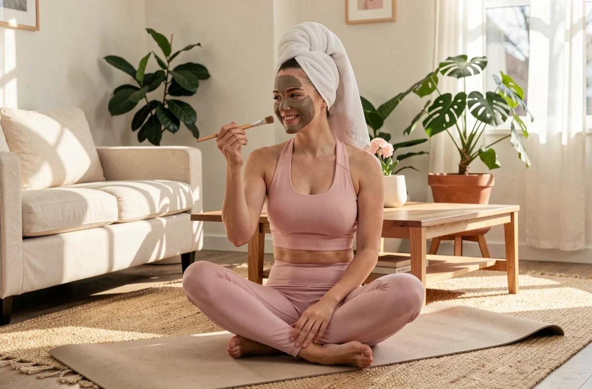 Jeune femme appliquant un masque argile sur le visage dans un salon cosy, astuce beauté bien-être à la maison