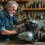 Mécanicien inspectant un moteur Harley-Davidson Twin Cam 103 dans un atelier moto américain authentique