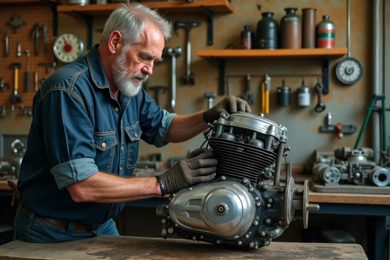 Mécanicien inspectant un moteur Harley-Davidson Twin Cam 103 dans un atelier moto américain authentique