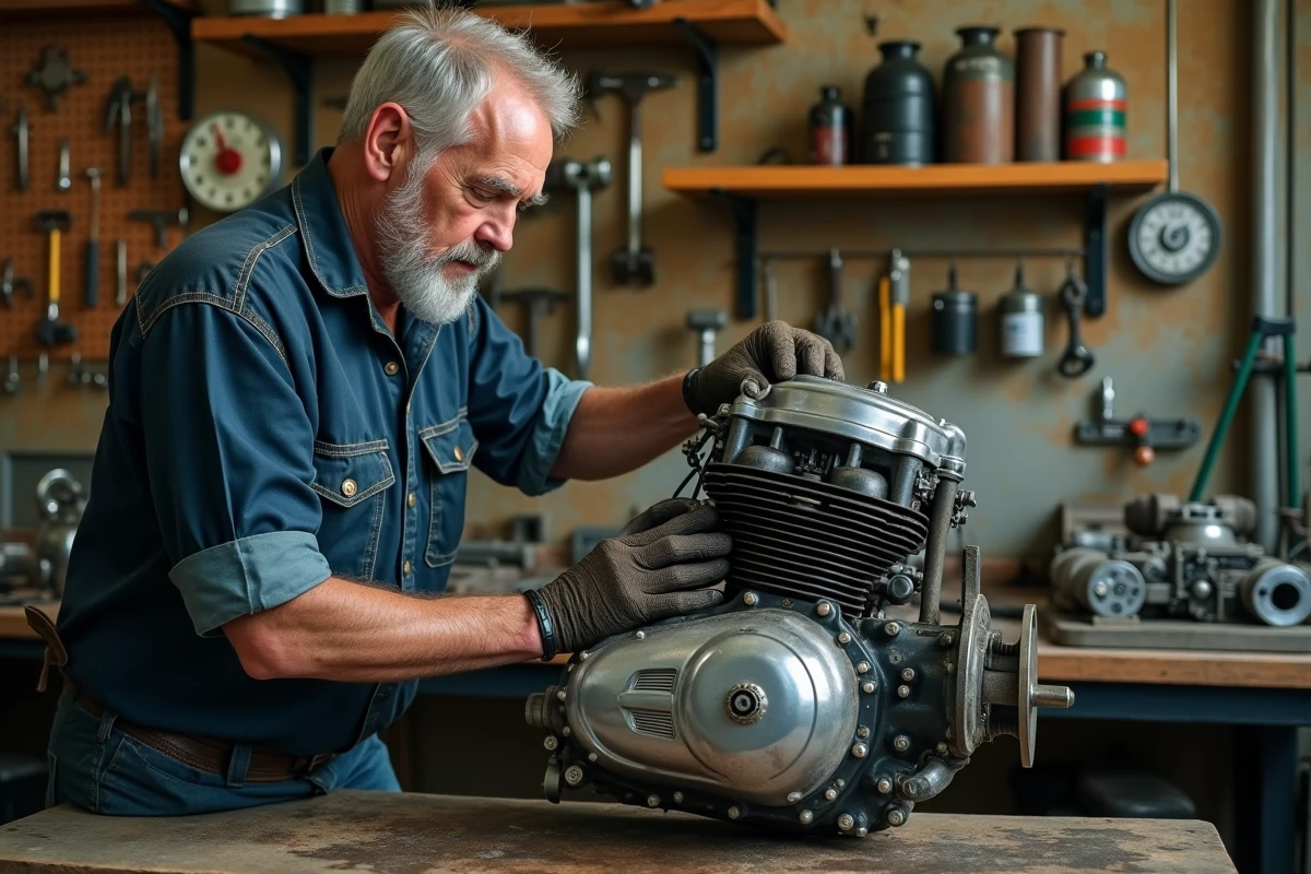 Mécanicien inspectant un moteur Harley-Davidson Twin Cam 103 dans un atelier moto américain authentique