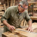 Menuisier expérimenté mesurant une planche en chêne dans un atelier artisanal bien équipé