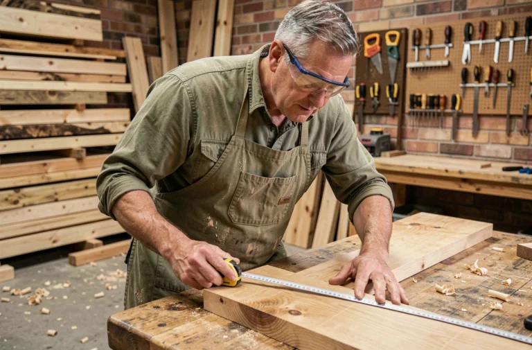 Menuisier expérimenté mesurant une planche en chêne dans un atelier artisanal bien équipé