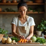Femme préparant des plantes médicinales naturelles pour soutenir la régénération du pancréas dans une cuisine rustique
