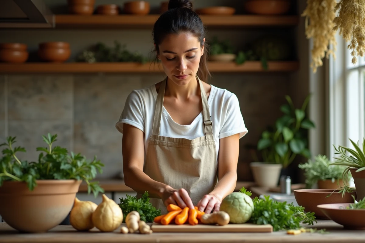 Femme préparant des plantes médicinales naturelles pour soutenir la régénération du pancréas dans une cuisine rustique
