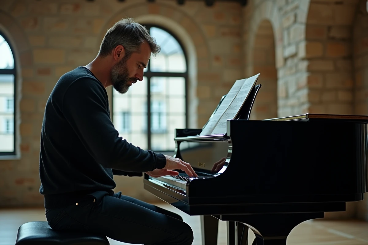 Musicien classique concentré devant un piano à queue dans une salle de répétition aux murs en pierre