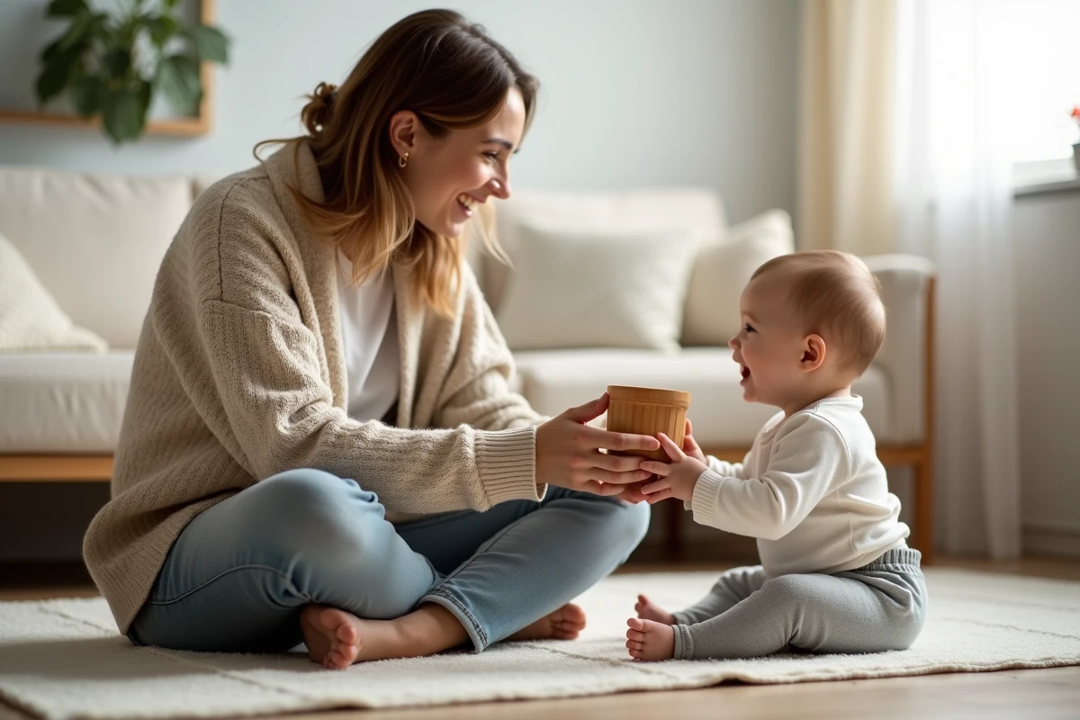 Parent nommant un objet du quotidien à son bébé de 8 mois lors d'un moment d'éveil langagier à domicile