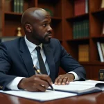 Notaire béninois en costume sombre examinant des dossiers juridiques dans son étude à Cotonou
