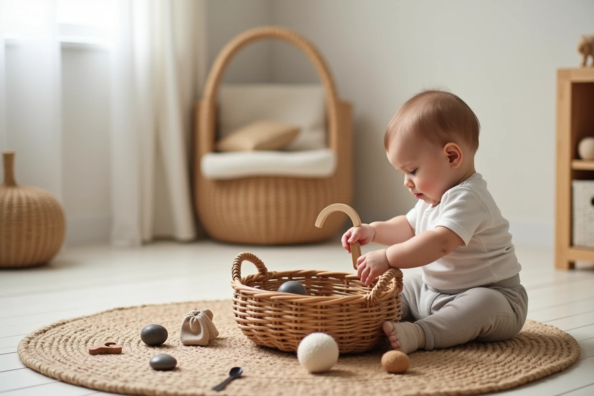 Bébé de 8 mois explorant un panier à trésors Montessori en osier rempli d'objets naturels variés