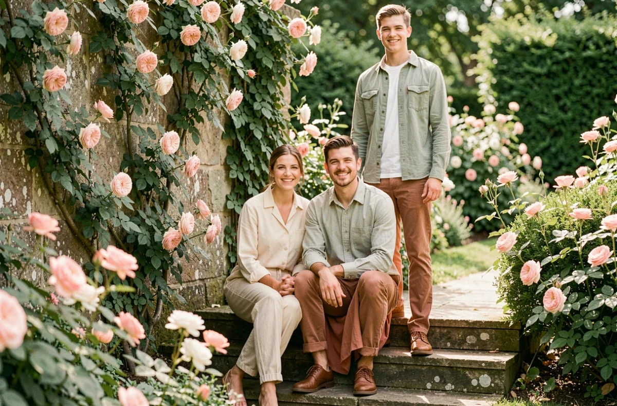 Portrait de famille détendu dans un jardin privé avec mur de pierre fleuri et végétation luxuriante