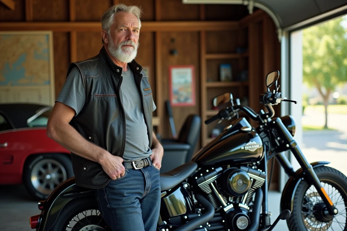 Propriétaire de Harley-Davidson appuyé contre sa moto Heritage Softail avec moteur 103 dans un garage résidentiel