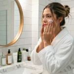 Femme appliquant de la crème hydratante devant un miroir de salle de bain moderne, routine de beauté quotidienne