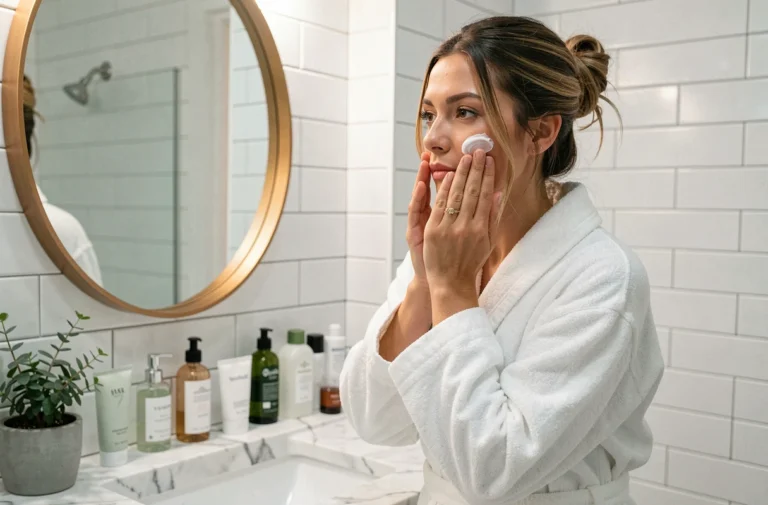 Femme appliquant de la crème hydratante devant un miroir de salle de bain moderne, routine de beauté quotidienne