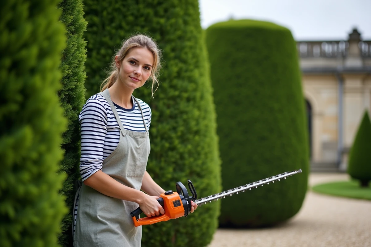 Femme sculptant une haie d'if en forme géométrique avec un taille-haie électrique dans un jardin à la française