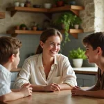 Sophie Coste en famille avec ses deux fils adolescents dans une cuisine de style campagne française, moment de complicité naturelle
