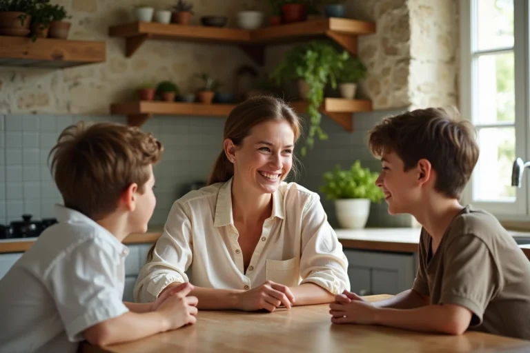 Sophie Coste en famille avec ses deux fils adolescents dans une cuisine de style campagne française, moment de complicité naturelle