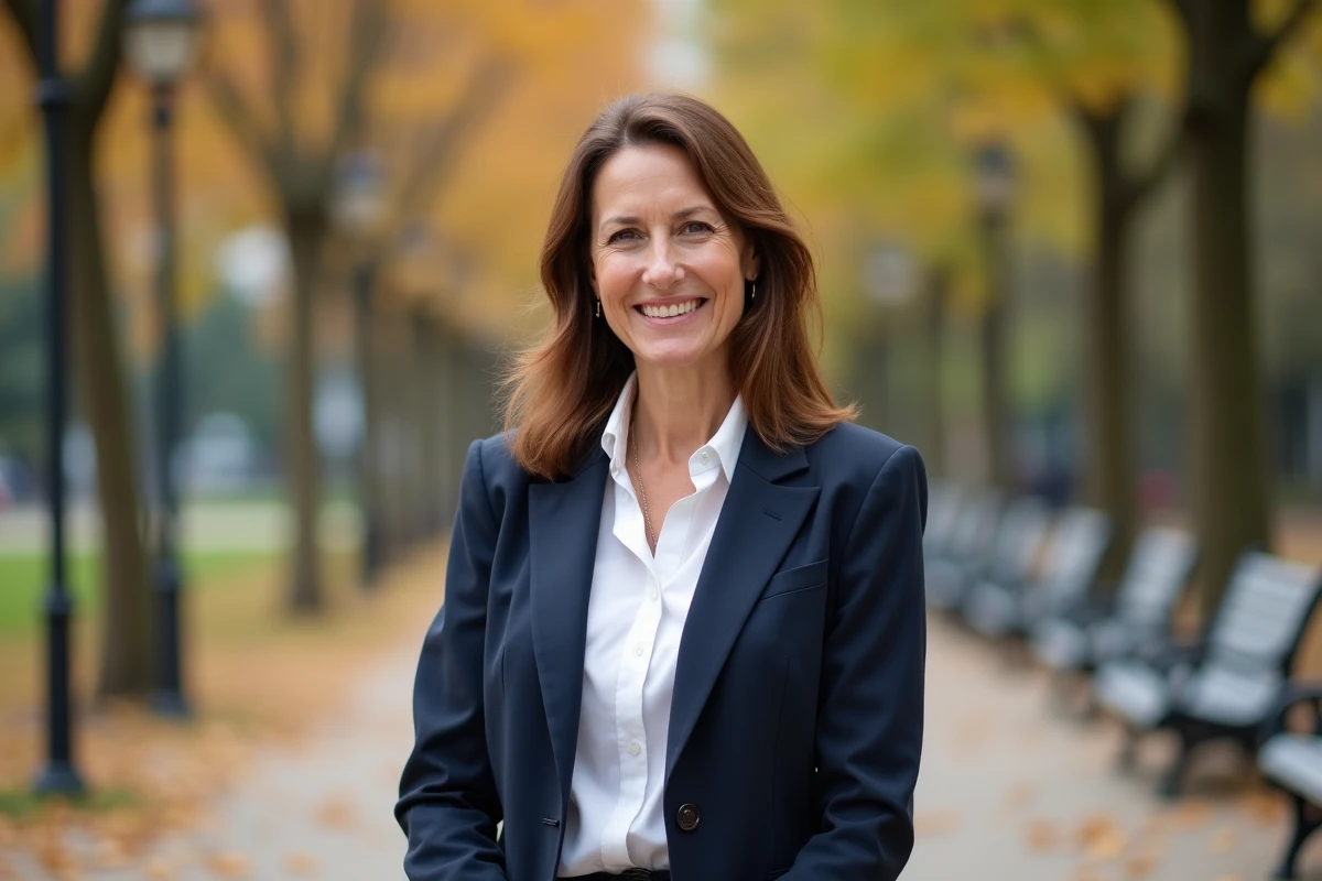 Portrait éditorial d'une femme souriante en blazer marine dans un parc urbain parisien, style journalistique professionnel