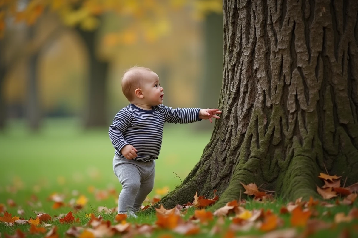 Bébé de 8 mois touchant l'écorce d'un chêne dans un parc d'automne tenu par un parent lors d'une sortie sensorielle
