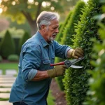 Jardinier taillant une haie de buis avec des cisailles manuelles dans un jardin entretenu