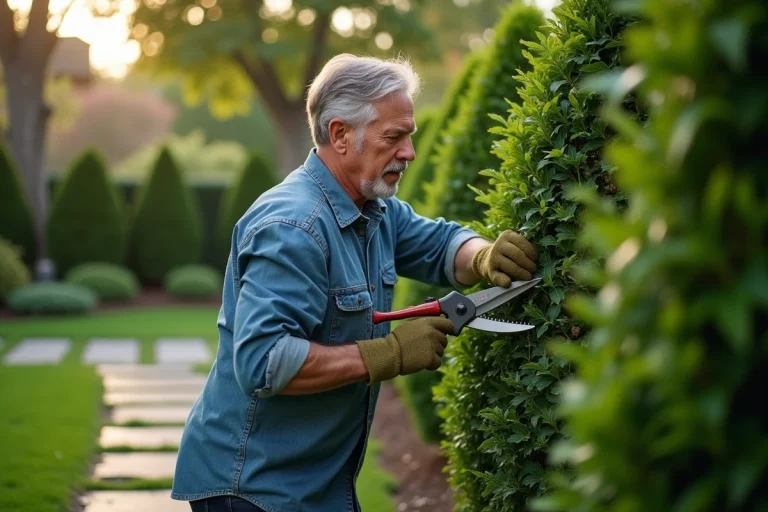 Jardinier taillant une haie de buis avec des cisailles manuelles dans un jardin entretenu