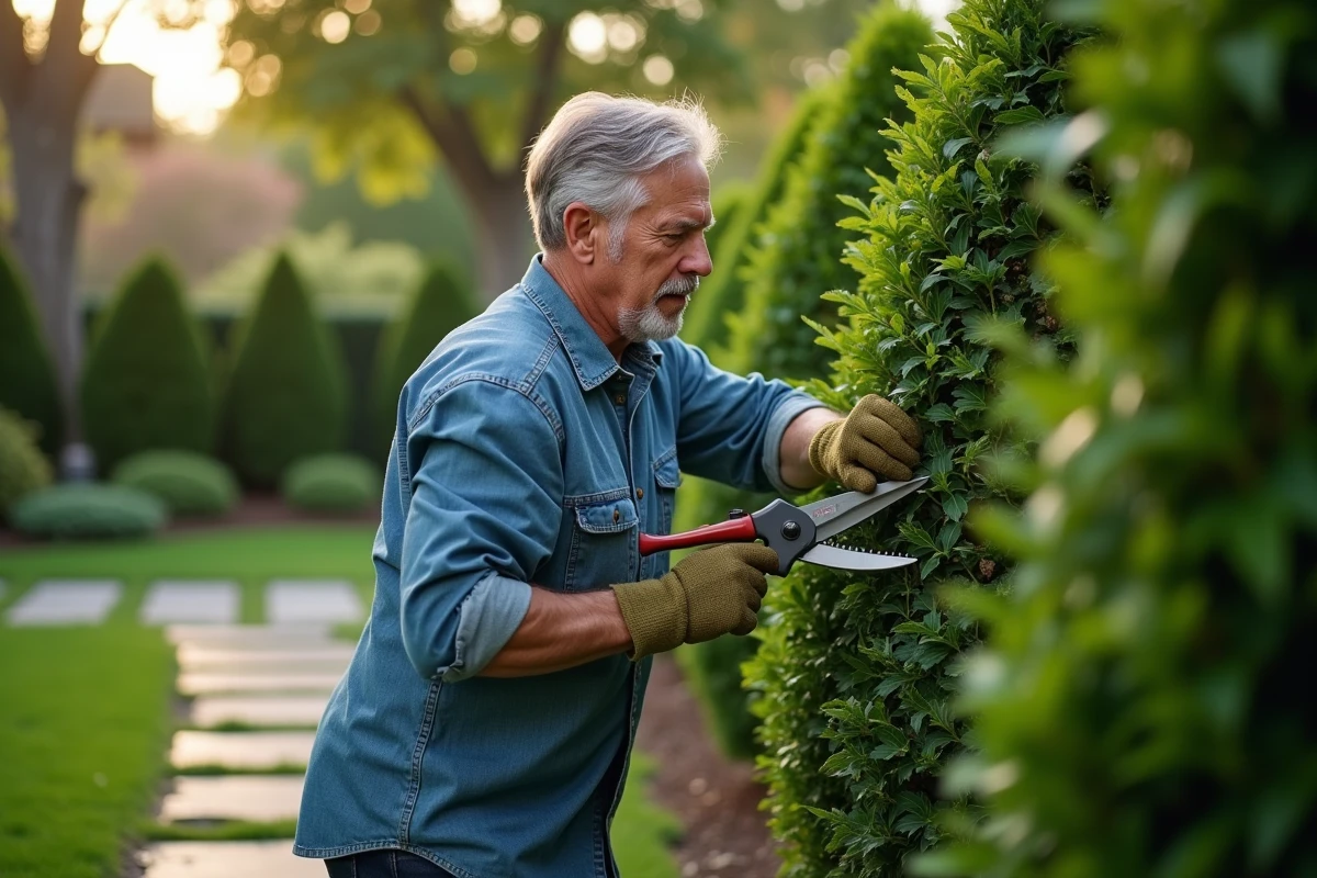 Jardinier taillant une haie de buis avec des cisailles manuelles dans un jardin entretenu