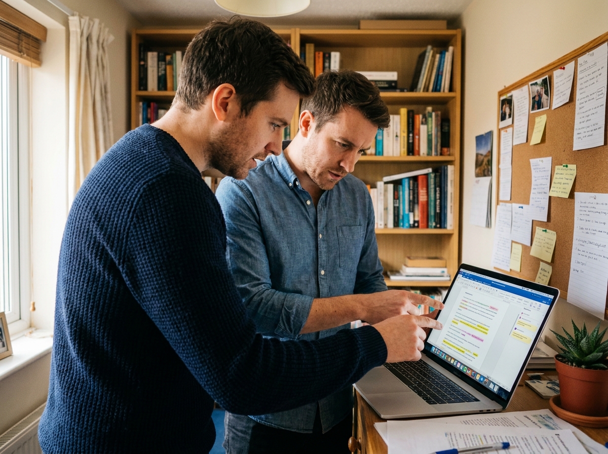 Deux collègues en télétravail analysant des modifications simultanées sur un fichier partagé pour éviter les conflits de version