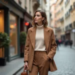 Femme élégante en blazer camel oversize et pantalon taille haute marchant dans une rue pavée européenne, tendances mode automne-hiver