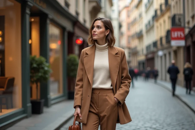 Femme élégante en blazer camel oversize et pantalon taille haute marchant dans une rue pavée européenne, tendances mode automne-hiver