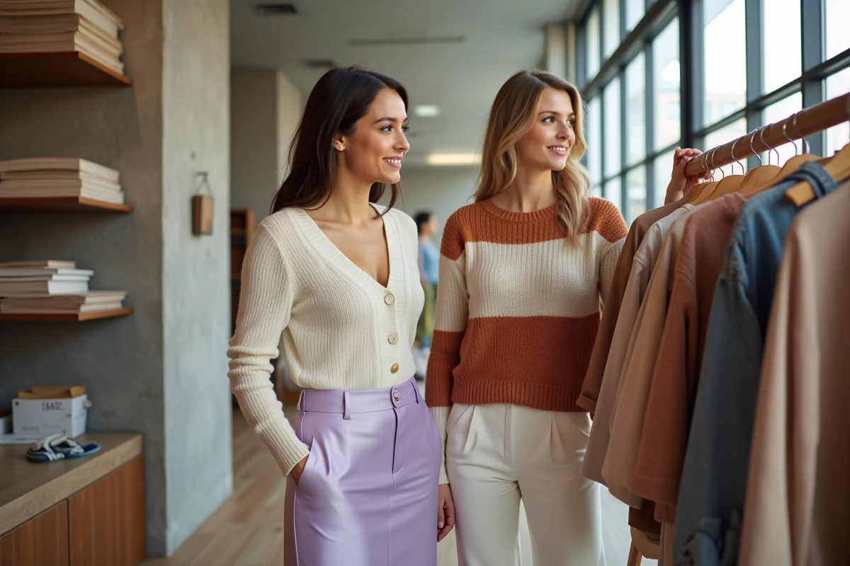 Deux femmes élégantes en tenues tendance printemps-été feuilletant des vêtements dans une boutique concept moderne au décor minimaliste