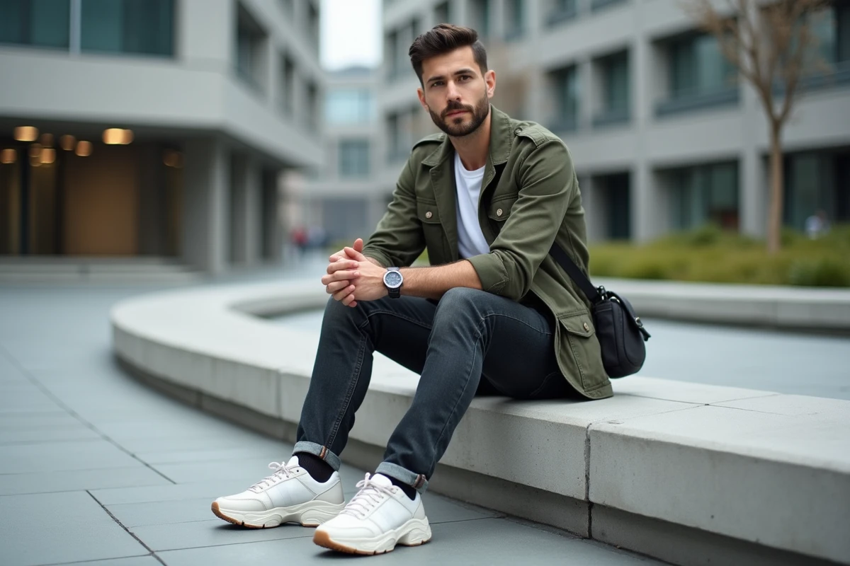 Homme en veste utilitaire olive et jean droit assis dans une place urbaine moderne, style streetwear tendance de la saison