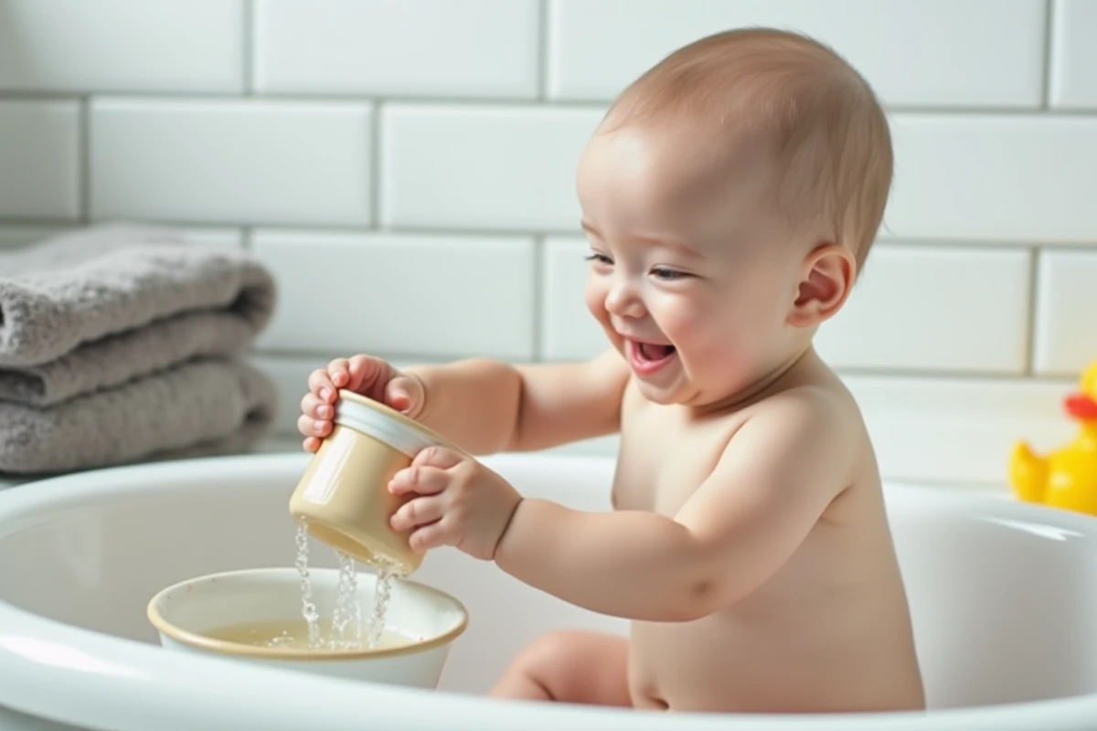 Bébé de 8 mois transvasant de l'eau avec des contenants en silicone lors de son bain dans une baignoire blanche