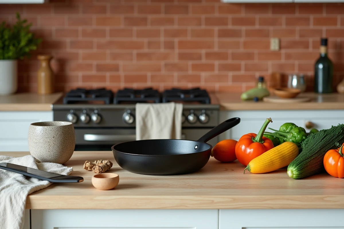 Ustensiles de cuisine tendance et légumes colorés disposés sur un plan de travail moderne en cuisine maison