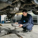 Mécanicien professionnel effectuant la vidange de la boîte EAT8 Peugeot sous un véhicule surélevé en atelier
