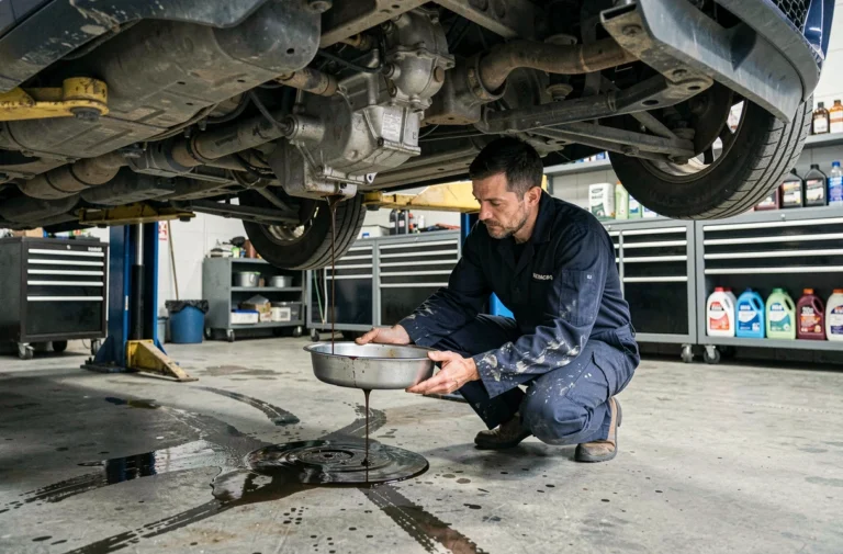 Mécanicien professionnel effectuant la vidange de la boîte EAT8 Peugeot sous un véhicule surélevé en atelier