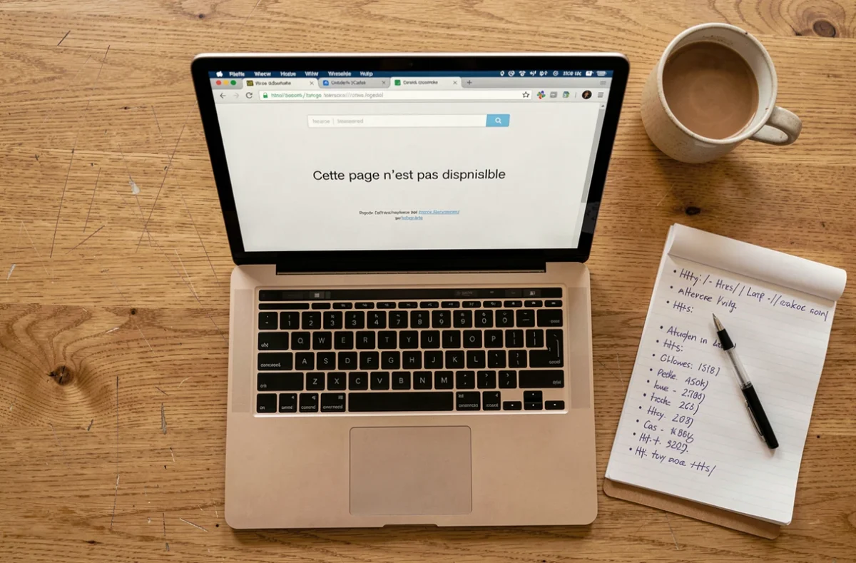 Vue aérienne d'un ordinateur portable affichant une page d'erreur avec un carnet de notes listant des adresses alternatives pour accéder à un site indisponible
